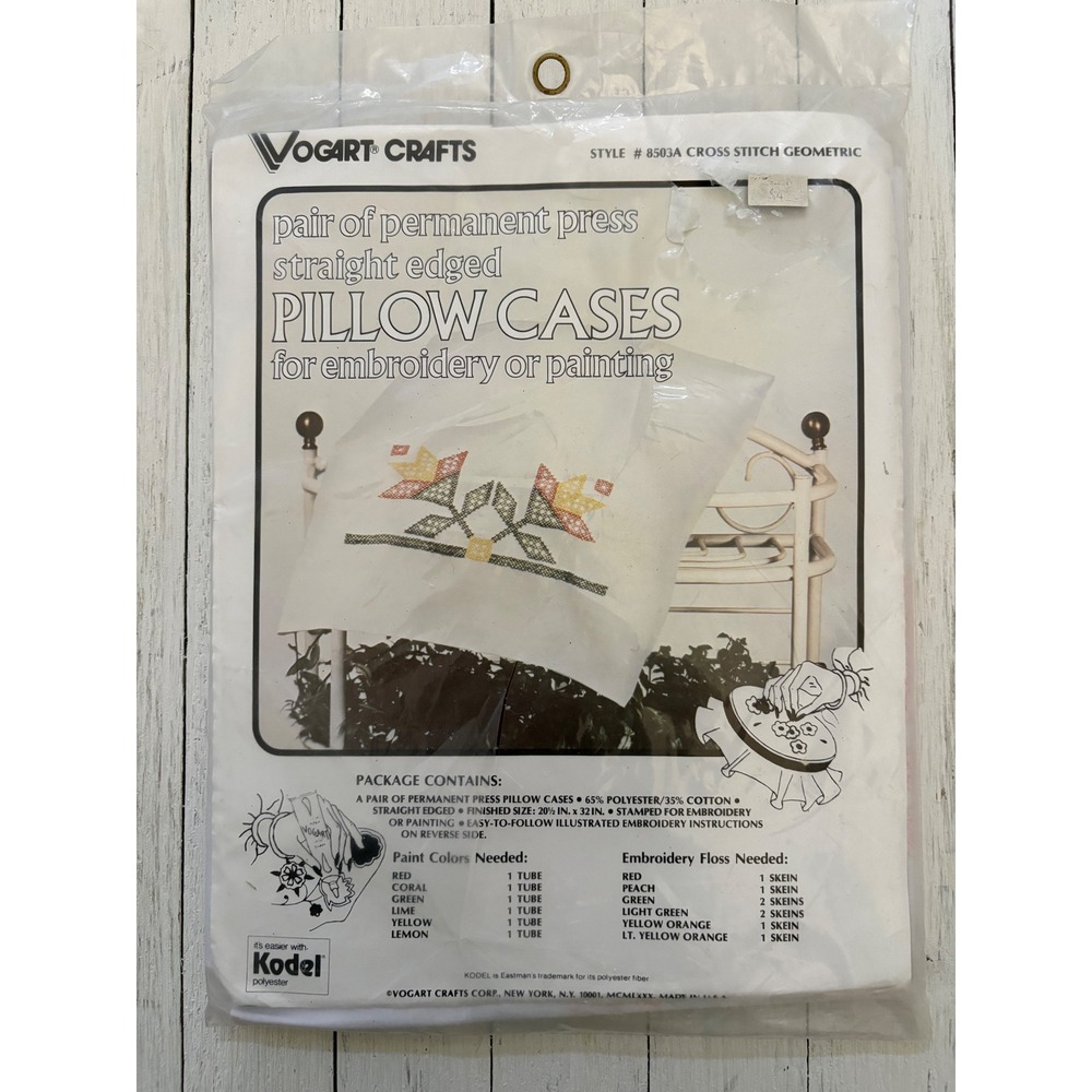 Vogart Crafts Vintage 1980 Stamped Pillowcases Cross Stitch Geometric 8503A Pair